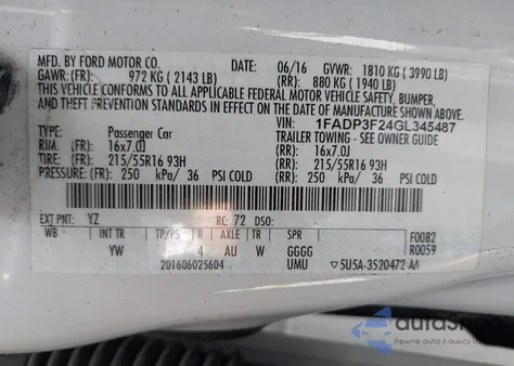 2016 Ford Focus Se z USA, uszkodzony, nr VIN 1FADP3F24GL345487